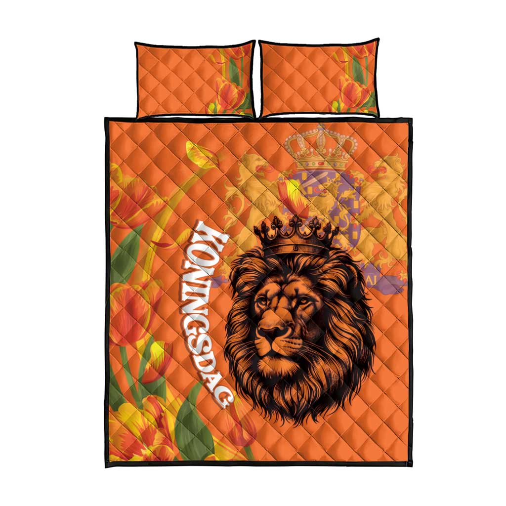 Nederland Fijne Koningsdag Quilt Bed Set Netherlands Lion With Orange Tulips