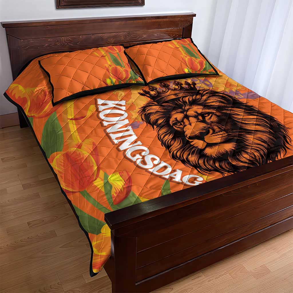 Nederland Fijne Koningsdag Quilt Bed Set Netherlands Lion With Orange Tulips