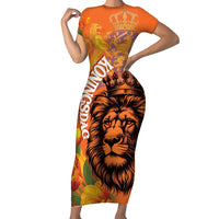 Nederland Fijne Koningsdag Short Sleeve Bodycon Dress Netherlands Lion With Orange Tulips