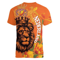 Nederland Fijne Koningsdag Women V-Neck T-Shirt Netherlands Lion With Orange Tulips