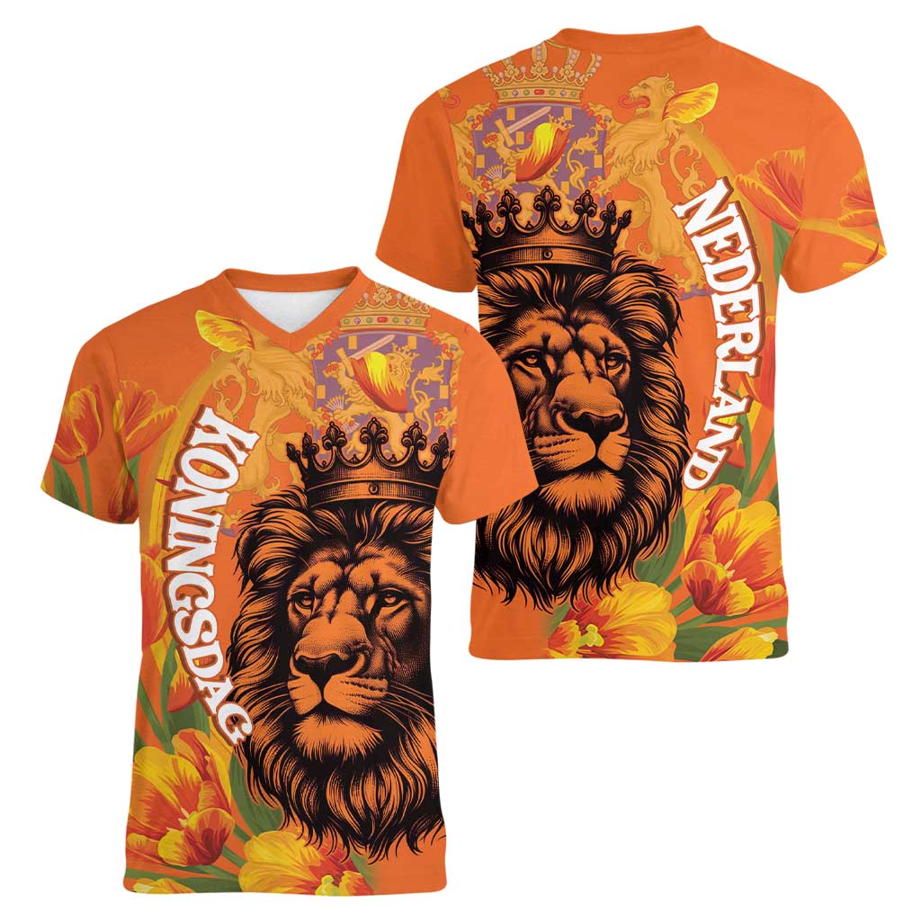 Nederland Fijne Koningsdag Women V-Neck T-Shirt Netherlands Lion With Orange Tulips