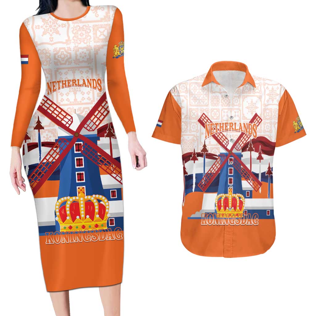 Netherlands King's Day Couples Matching Long Sleeve Bodycon Dress and Hawaiian Shirt Windmill With Nederland Pattern