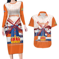 Netherlands King's Day Couples Matching Long Sleeve Bodycon Dress and Hawaiian Shirt Windmill With Nederland Pattern