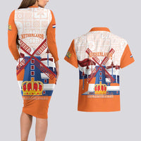 Netherlands King's Day Couples Matching Long Sleeve Bodycon Dress and Hawaiian Shirt Windmill With Nederland Pattern