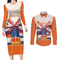 Netherlands King's Day Couples Matching Long Sleeve Bodycon Dress and Long Sleeve Button Shirt Windmill With Nederland Pattern
