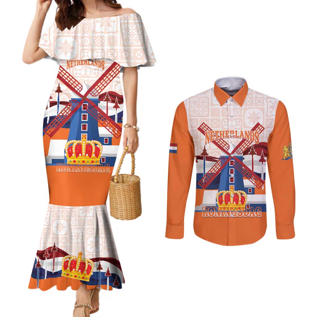 Netherlands King's Day Couples Matching Mermaid Dress and Long Sleeve Button Shirt Windmill With Nederland Pattern