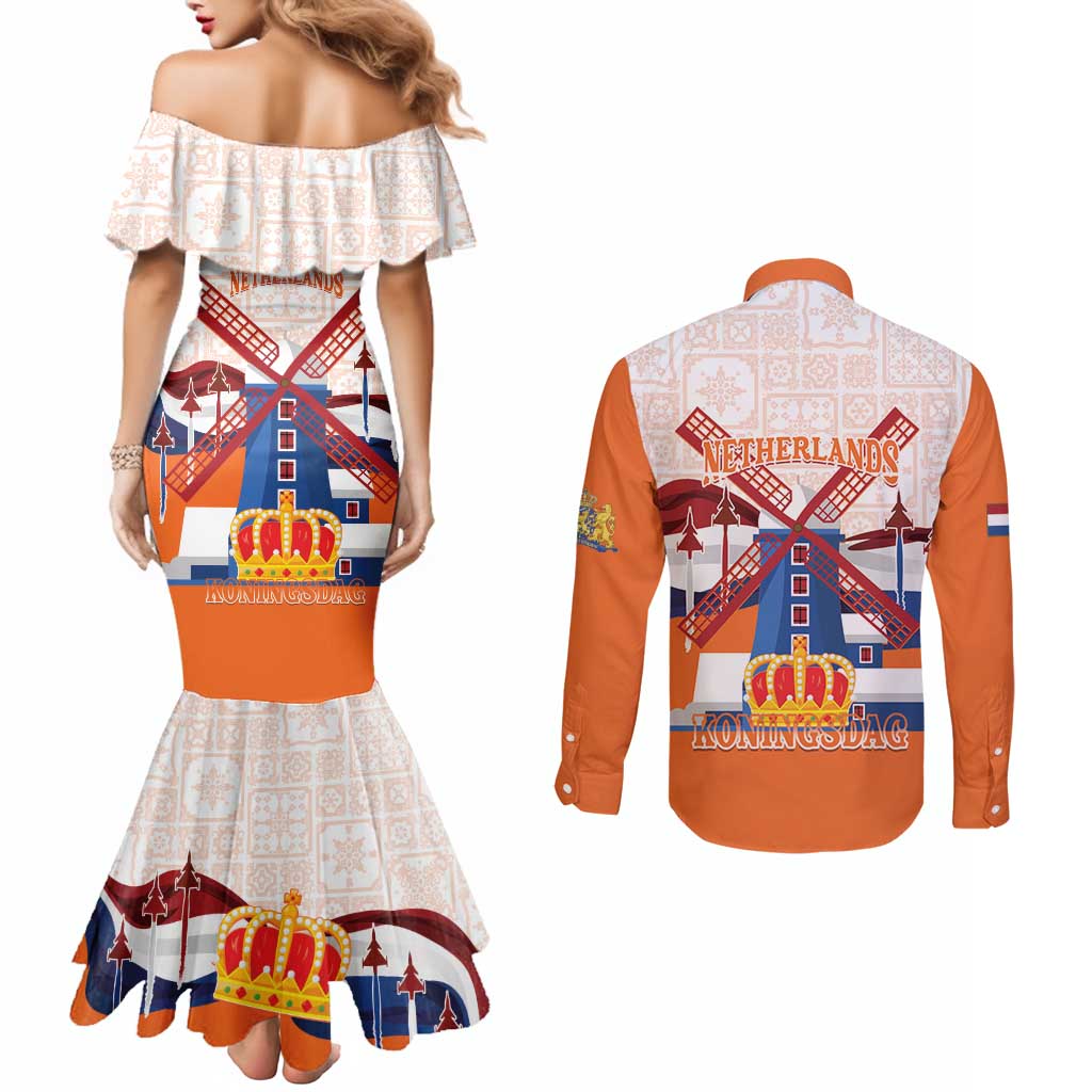 Netherlands King's Day Couples Matching Mermaid Dress and Long Sleeve Button Shirt Windmill With Nederland Pattern