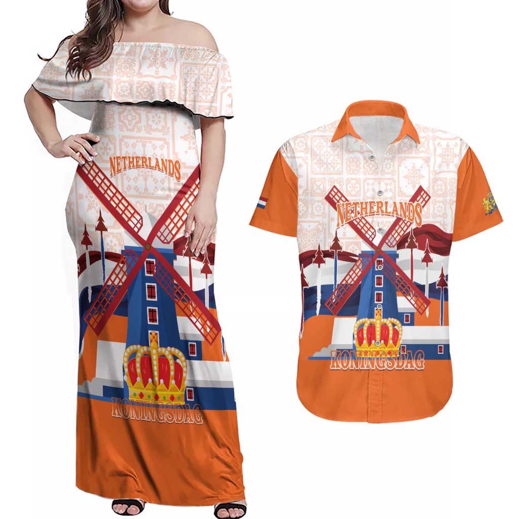 Netherlands King's Day Couples Matching Off Shoulder Maxi Dress and Hawaiian Shirt Windmill With Nederland Pattern