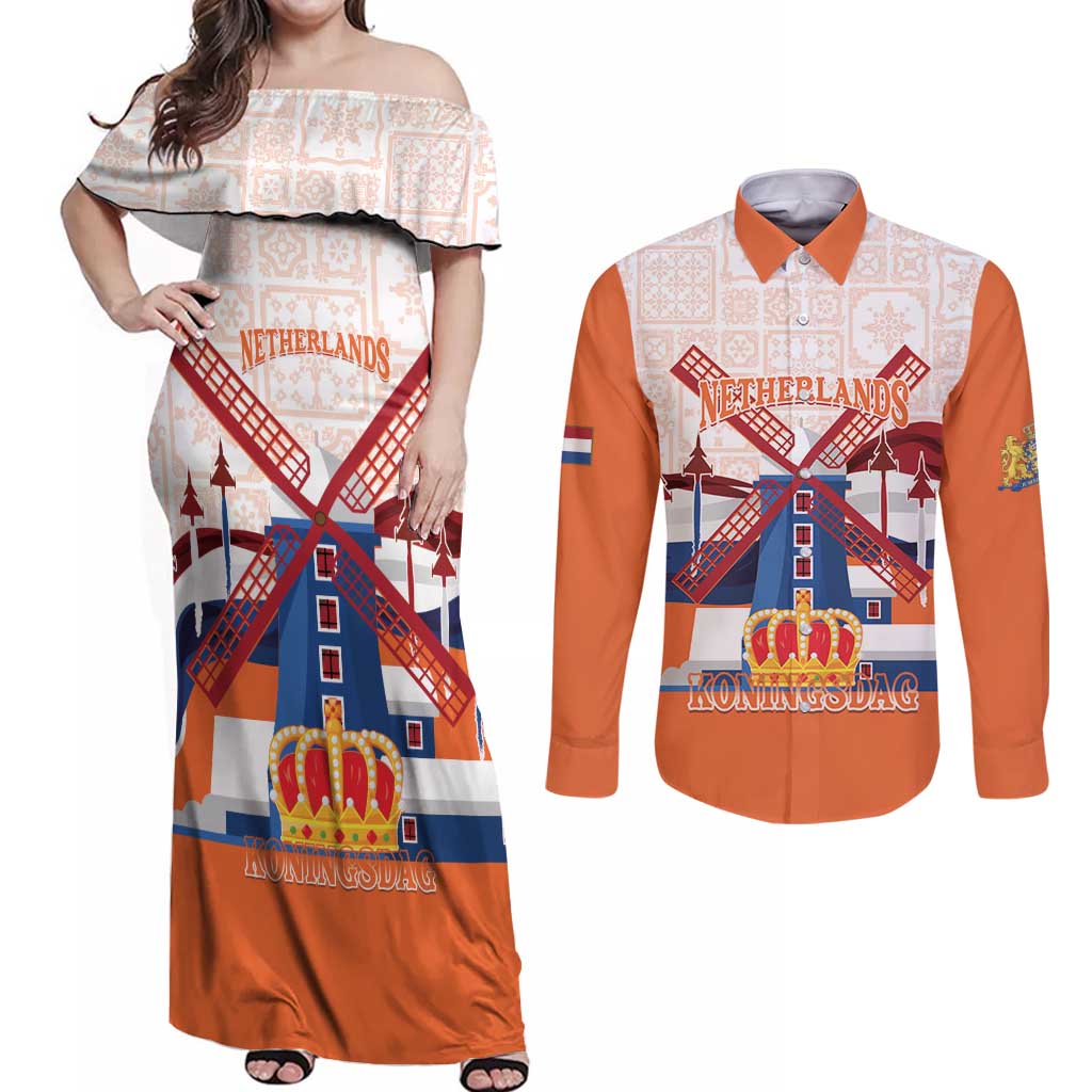 Netherlands King's Day Couples Matching Off Shoulder Maxi Dress and Long Sleeve Button Shirt Windmill With Nederland Pattern