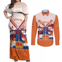 Netherlands King's Day Couples Matching Off Shoulder Maxi Dress and Long Sleeve Button Shirt Windmill With Nederland Pattern