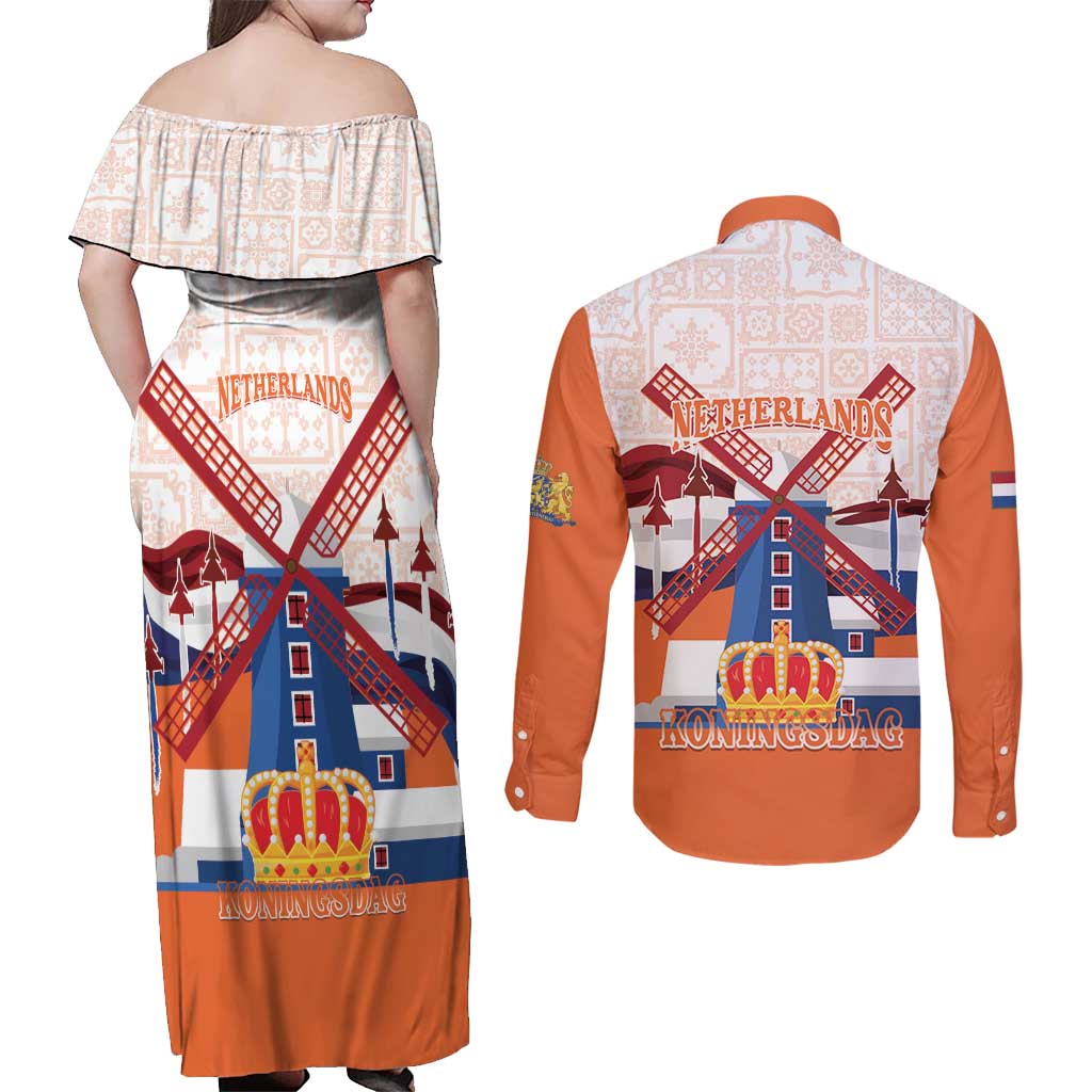 Netherlands King's Day Couples Matching Off Shoulder Maxi Dress and Long Sleeve Button Shirt Windmill With Nederland Pattern