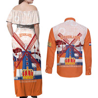 Netherlands King's Day Couples Matching Off Shoulder Maxi Dress and Long Sleeve Button Shirt Windmill With Nederland Pattern