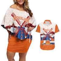 Netherlands King's Day Couples Matching Off Shoulder Short Dress and Hawaiian Shirt Windmill With Nederland Pattern