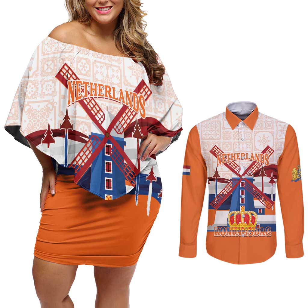 Netherlands King's Day Couples Matching Off Shoulder Short Dress and Long Sleeve Button Shirt Windmill With Nederland Pattern