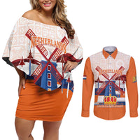 Netherlands King's Day Couples Matching Off Shoulder Short Dress and Long Sleeve Button Shirt Windmill With Nederland Pattern