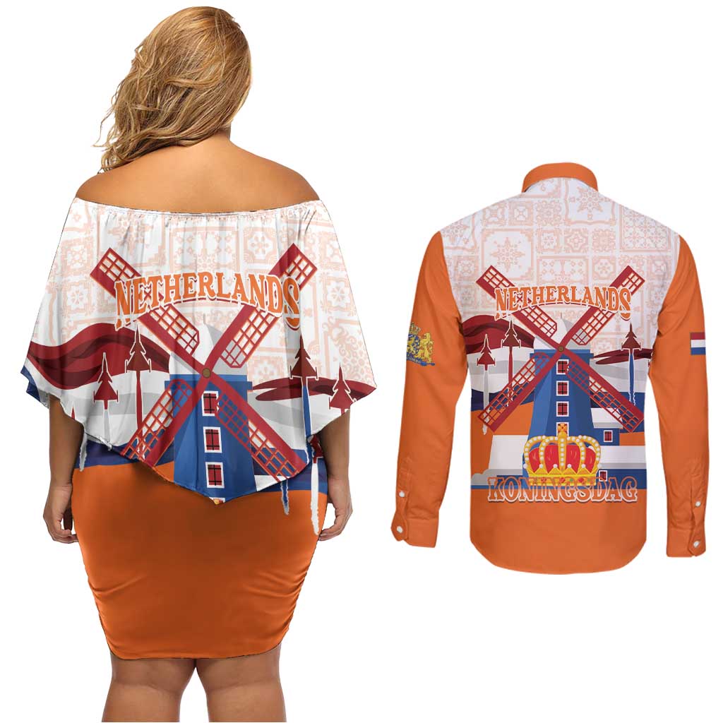 Netherlands King's Day Couples Matching Off Shoulder Short Dress and Long Sleeve Button Shirt Windmill With Nederland Pattern