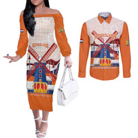 Netherlands King's Day Couples Matching Off The Shoulder Long Sleeve Dress and Long Sleeve Button Shirt Windmill With Nederland Pattern