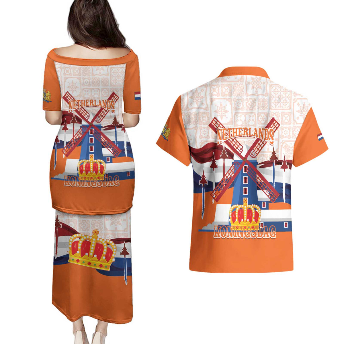 Netherlands King's Day Couples Matching Puletasi and Hawaiian Shirt Windmill With Nederland Pattern