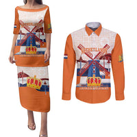 Netherlands King's Day Couples Matching Puletasi and Long Sleeve Button Shirt Windmill With Nederland Pattern