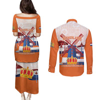 Netherlands King's Day Couples Matching Puletasi and Long Sleeve Button Shirt Windmill With Nederland Pattern