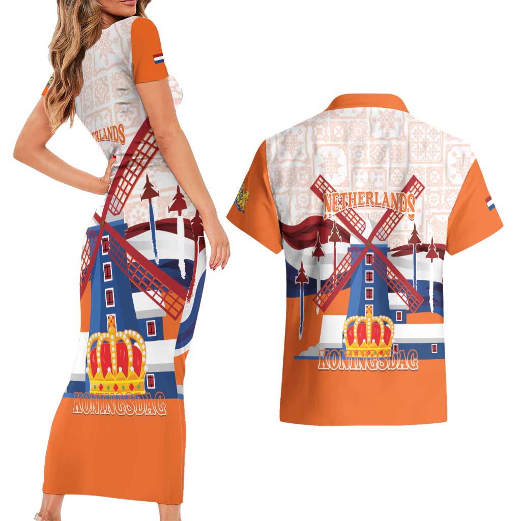 Netherlands King's Day Couples Matching Short Sleeve Bodycon Dress and Hawaiian Shirt Windmill With Nederland Pattern