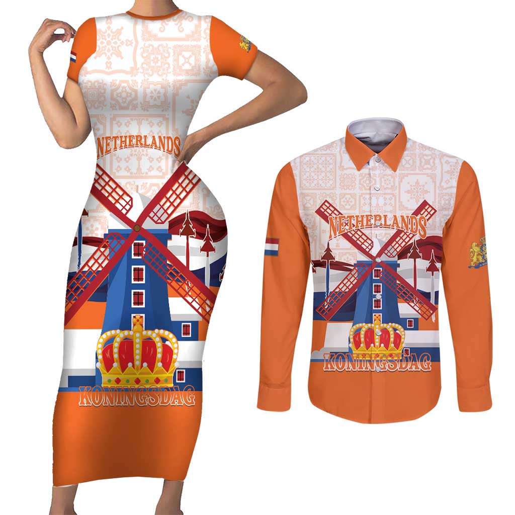 Netherlands King's Day Couples Matching Short Sleeve Bodycon Dress and Long Sleeve Button Shirt Windmill With Nederland Pattern