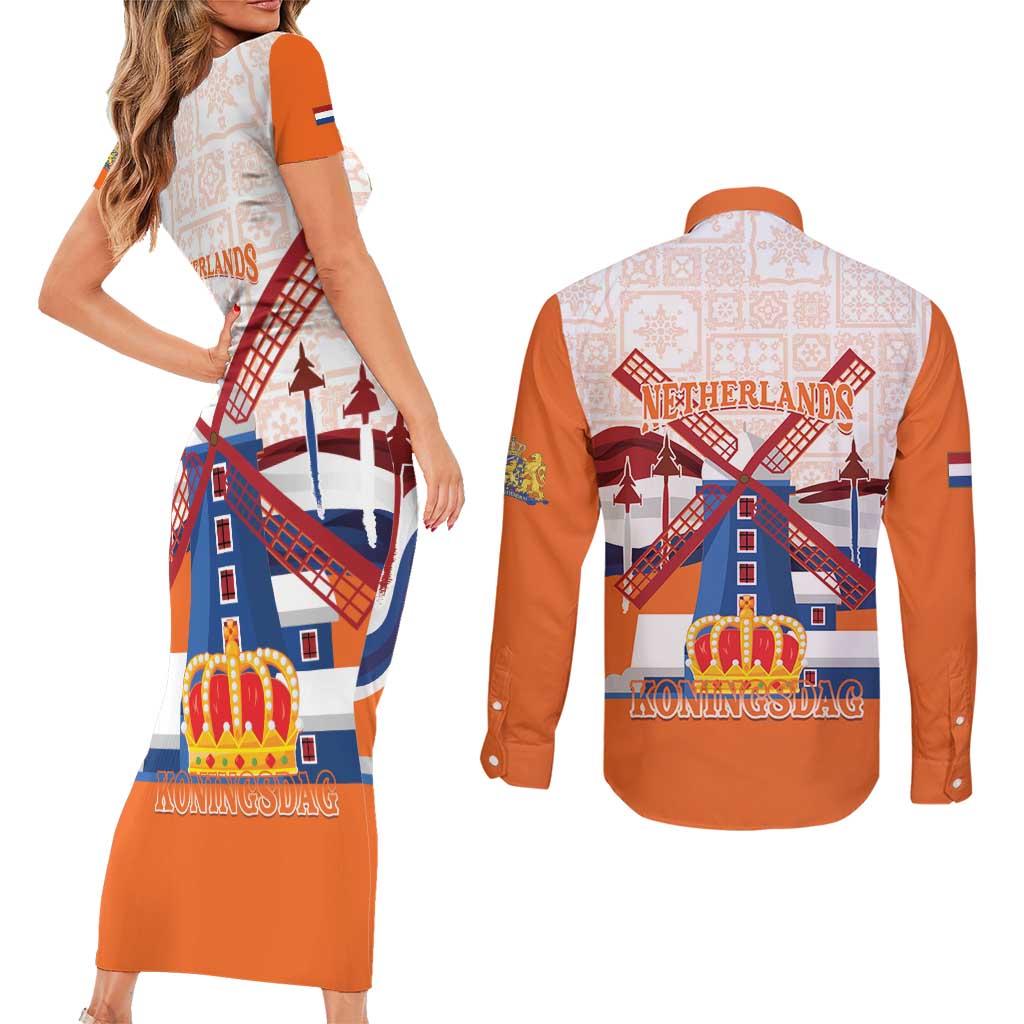 Netherlands King's Day Couples Matching Short Sleeve Bodycon Dress and Long Sleeve Button Shirt Windmill With Nederland Pattern
