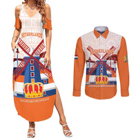 Netherlands King's Day Couples Matching Summer Maxi Dress and Long Sleeve Button Shirt Windmill With Nederland Pattern