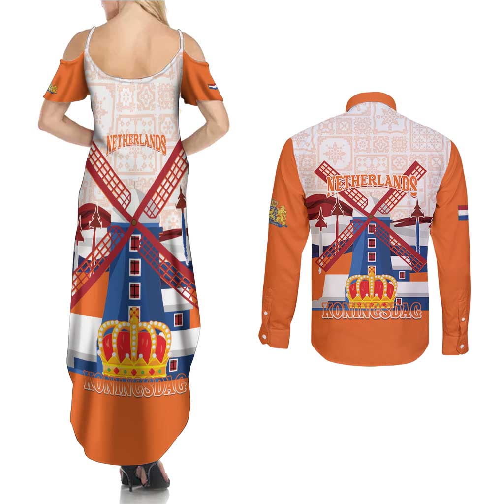 Netherlands King's Day Couples Matching Summer Maxi Dress and Long Sleeve Button Shirt Windmill With Nederland Pattern