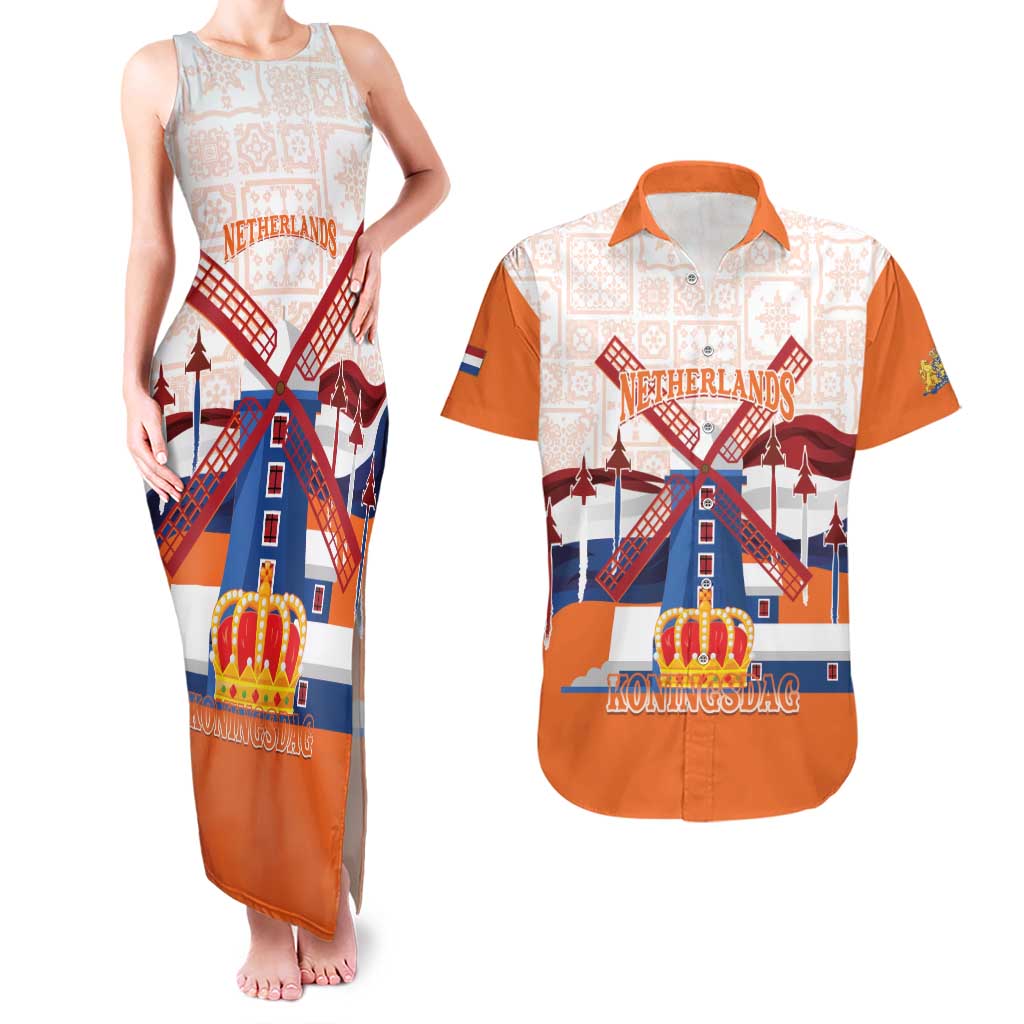 Netherlands King's Day Couples Matching Tank Maxi Dress and Hawaiian Shirt Windmill With Nederland Pattern
