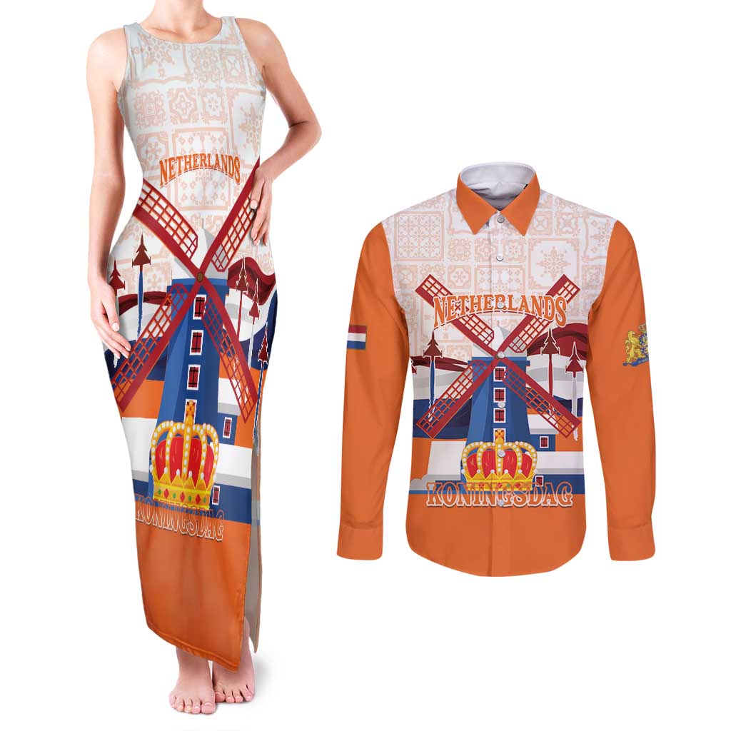 Netherlands King's Day Couples Matching Tank Maxi Dress and Long Sleeve Button Shirt Windmill With Nederland Pattern