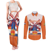 Netherlands King's Day Couples Matching Tank Maxi Dress and Long Sleeve Button Shirt Windmill With Nederland Pattern
