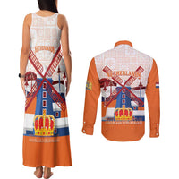 Netherlands King's Day Couples Matching Tank Maxi Dress and Long Sleeve Button Shirt Windmill With Nederland Pattern
