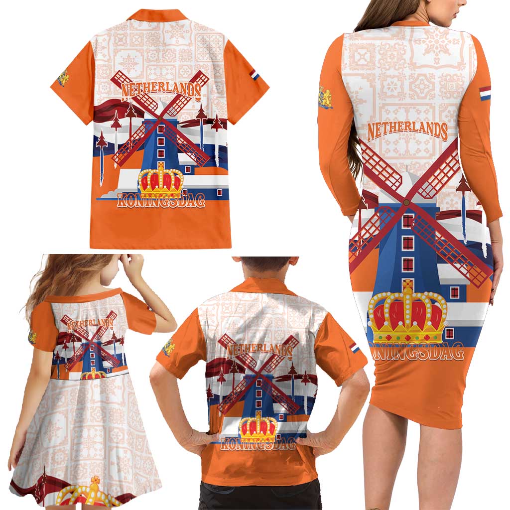 Netherlands King's Day Family Matching Long Sleeve Bodycon Dress and Hawaiian Shirt Windmill With Nederland Pattern