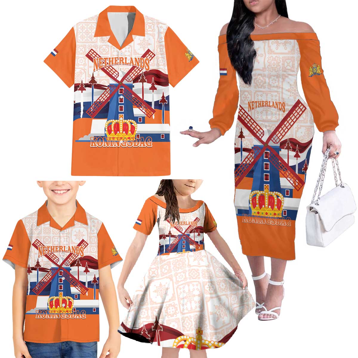 Netherlands King's Day Family Matching Off The Shoulder Long Sleeve Dress and Hawaiian Shirt Windmill With Nederland Pattern