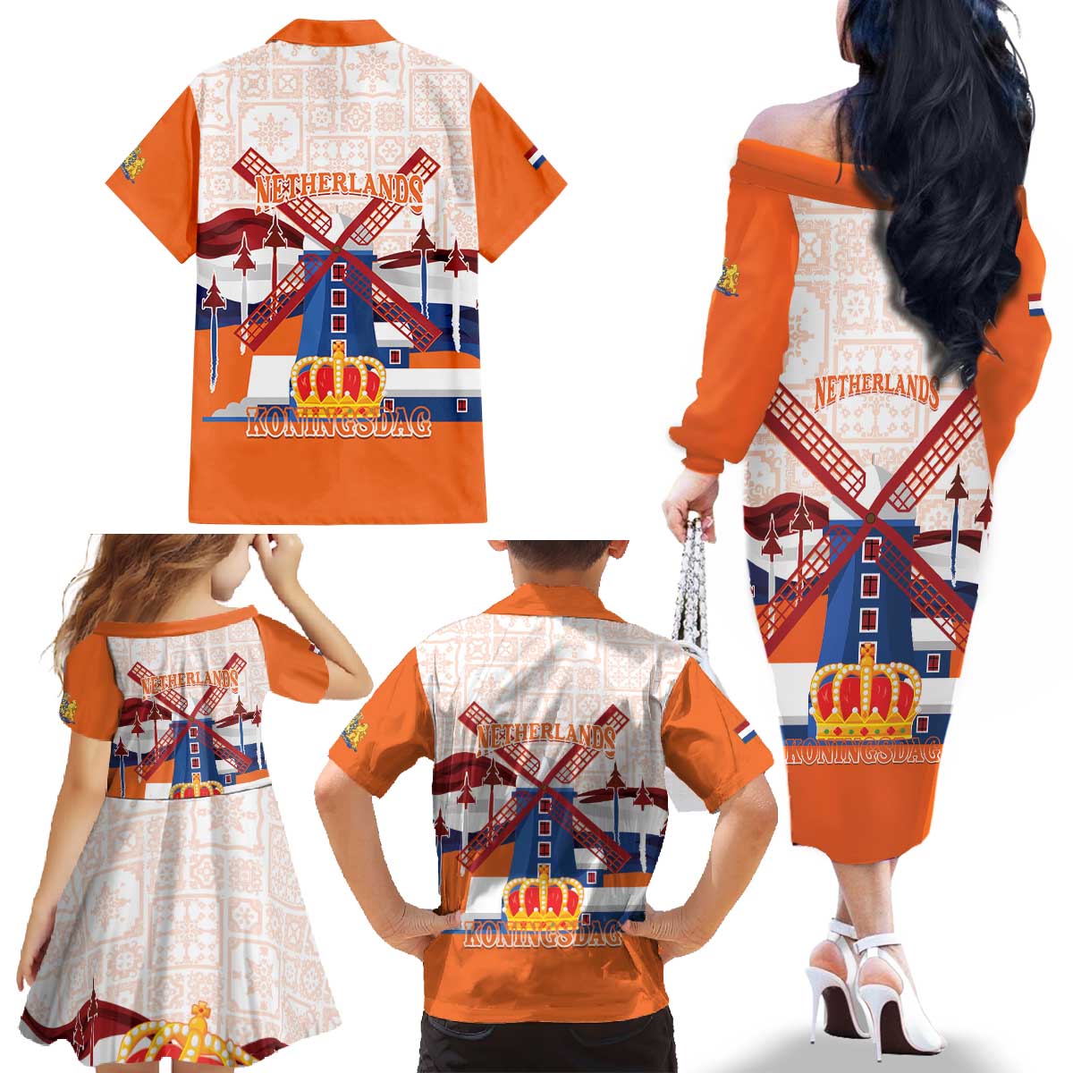Netherlands King's Day Family Matching Off The Shoulder Long Sleeve Dress and Hawaiian Shirt Windmill With Nederland Pattern