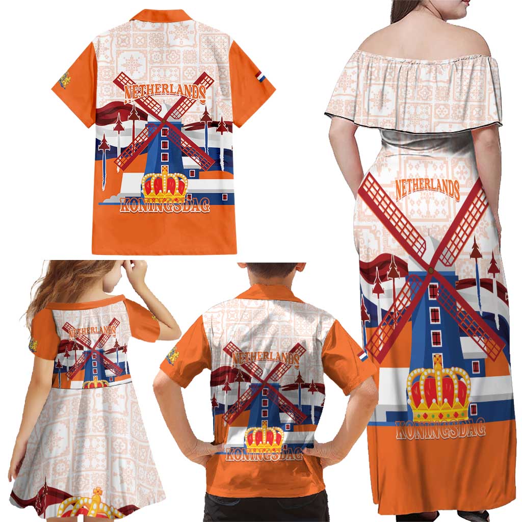 Netherlands King's Day Family Matching Off Shoulder Maxi Dress and Hawaiian Shirt Windmill With Nederland Pattern