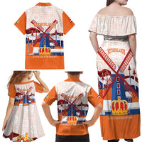 Netherlands King's Day Family Matching Off Shoulder Maxi Dress and Hawaiian Shirt Windmill With Nederland Pattern