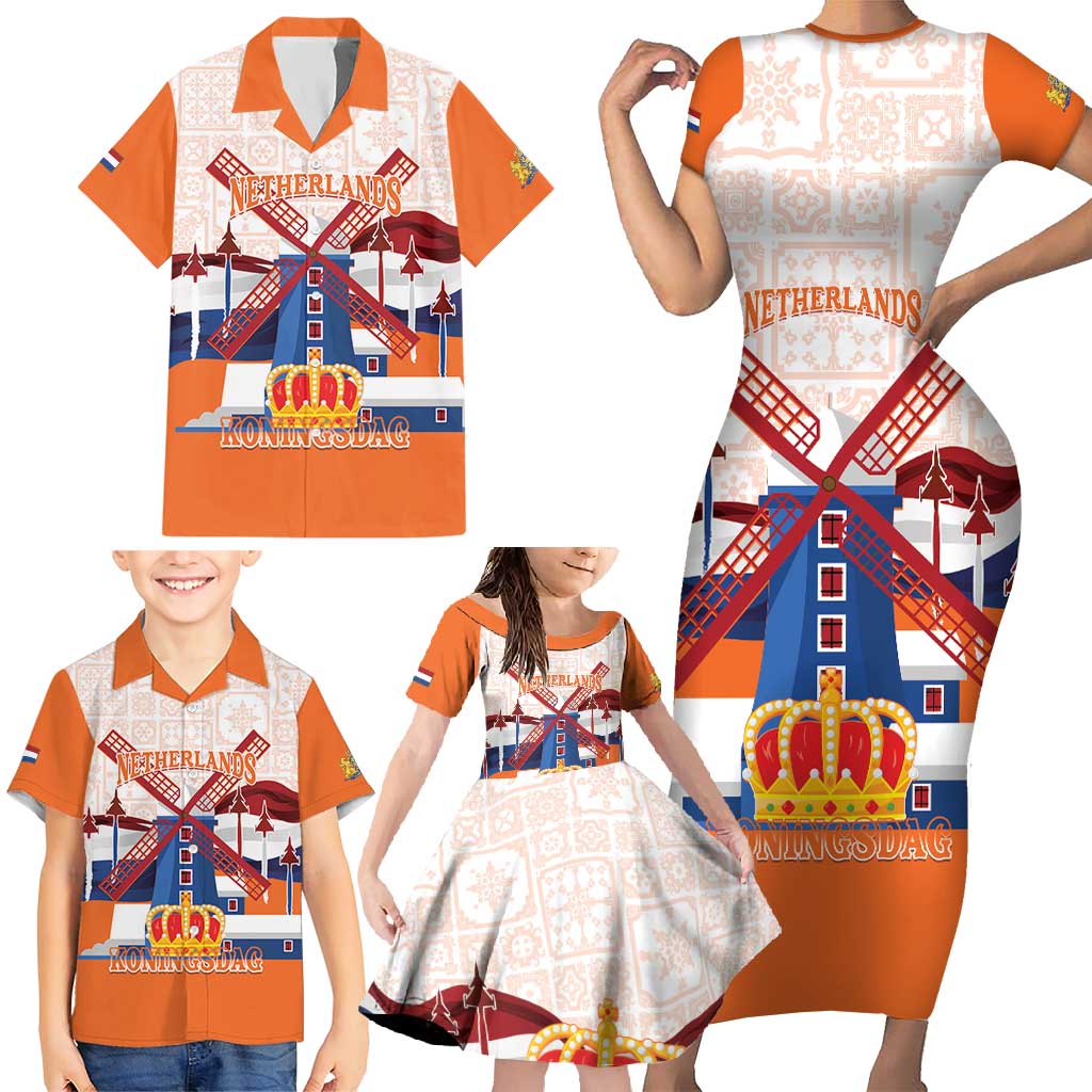 Netherlands King's Day Family Matching Short Sleeve Bodycon Dress and Hawaiian Shirt Windmill With Nederland Pattern