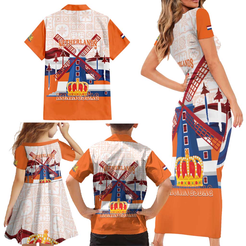 Netherlands King's Day Family Matching Short Sleeve Bodycon Dress and Hawaiian Shirt Windmill With Nederland Pattern