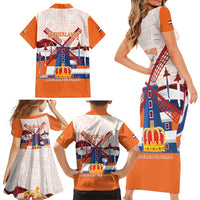 Netherlands King's Day Family Matching Short Sleeve Bodycon Dress and Hawaiian Shirt Windmill With Nederland Pattern