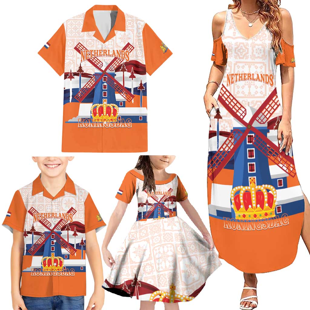 Netherlands King's Day Family Matching Summer Maxi Dress and Hawaiian Shirt Windmill With Nederland Pattern