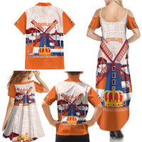 Netherlands King's Day Family Matching Summer Maxi Dress and Hawaiian Shirt Windmill With Nederland Pattern
