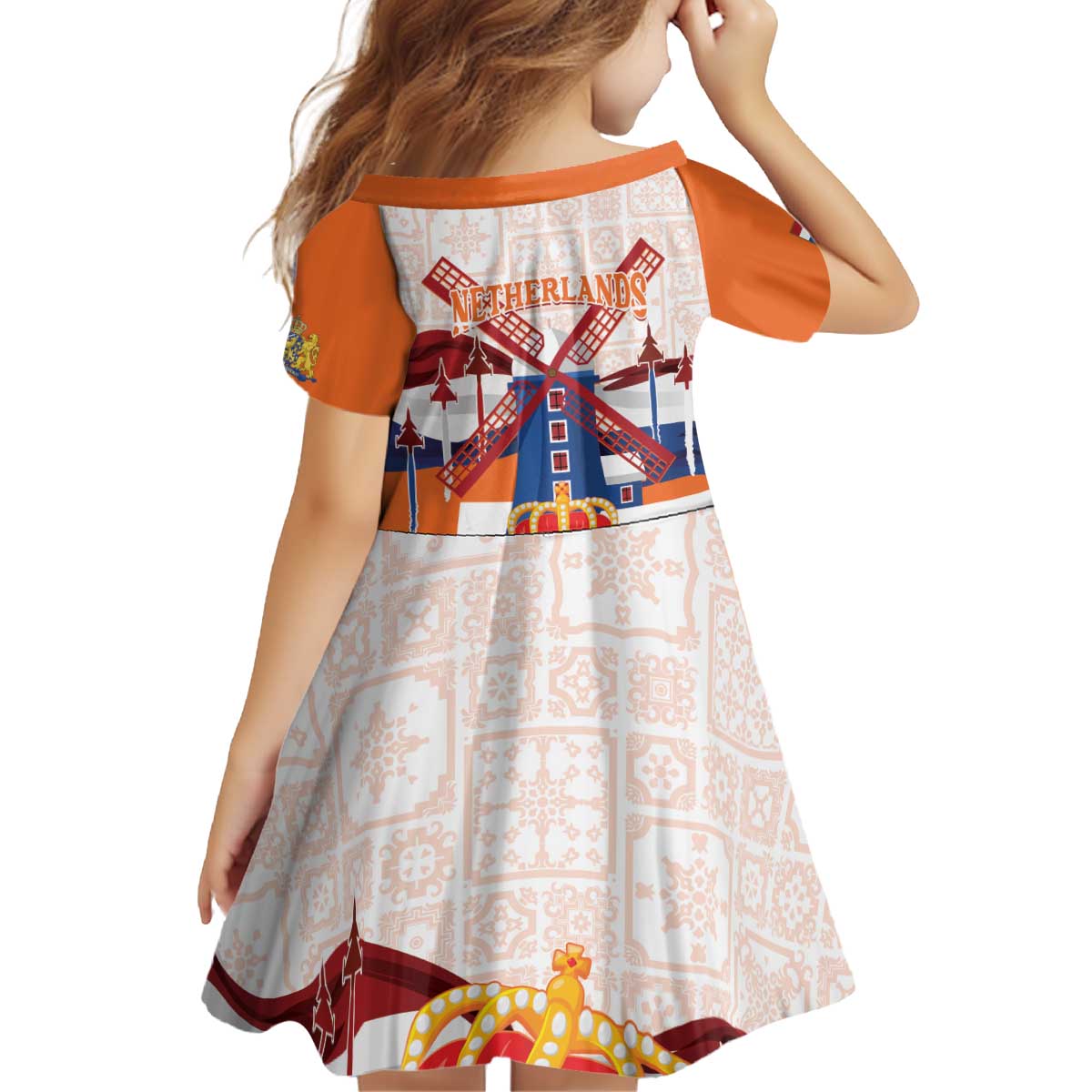 Netherlands King's Day Kid Short Sleeve Dress Windmill With Nederland Pattern