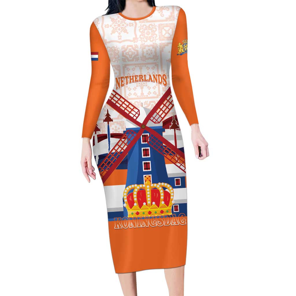 Netherlands King's Day Long Sleeve Bodycon Dress Windmill With Nederland Pattern