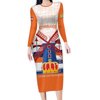 Netherlands King's Day Long Sleeve Bodycon Dress Windmill With Nederland Pattern
