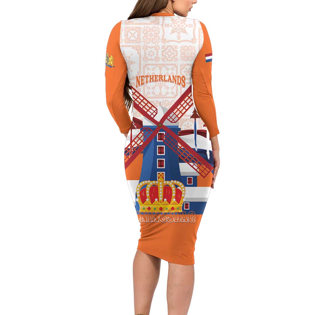 Netherlands King's Day Long Sleeve Bodycon Dress Windmill With Nederland Pattern