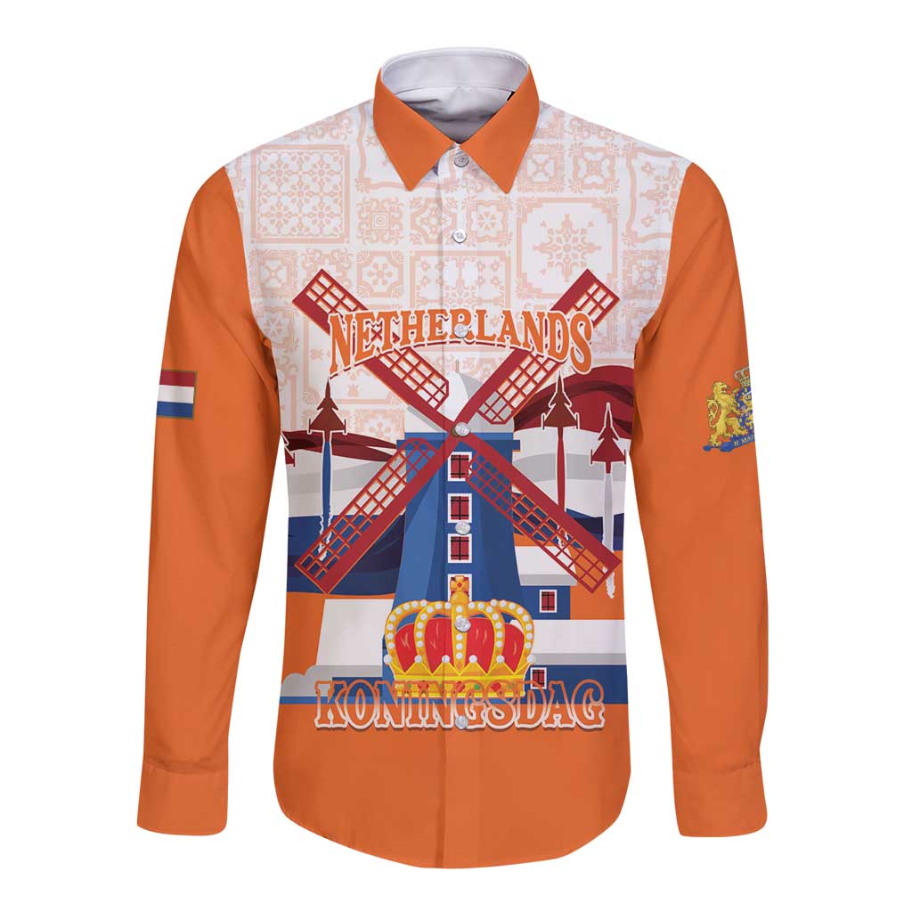 Netherlands King's Day Long Sleeve Button Shirt Windmill With Nederland Pattern