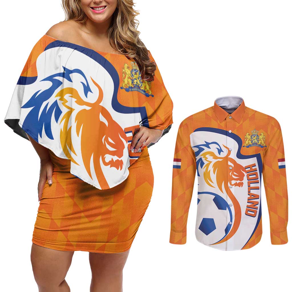 Custom Netherlands Football Couples Matching Off Shoulder Short Dress and Long Sleeve Button Shirt 2025 Go Champions Holland