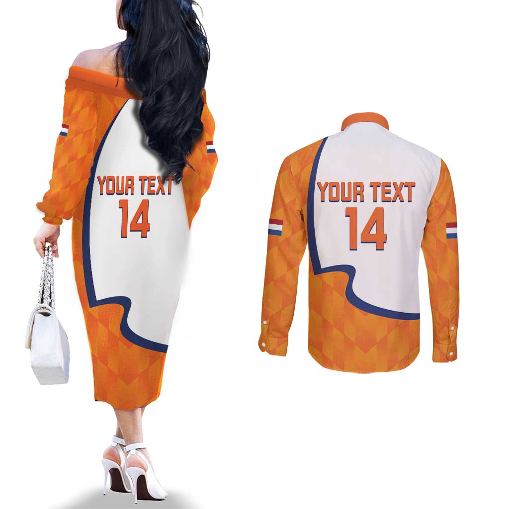 Custom Netherlands Football Couples Matching Off The Shoulder Long Sleeve Dress and Long Sleeve Button Shirt 2025 Go Champions Holland